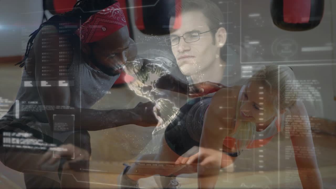 Trainer guiding client during fitness plank, HUD merging with glasses overlay, globe analyzing form