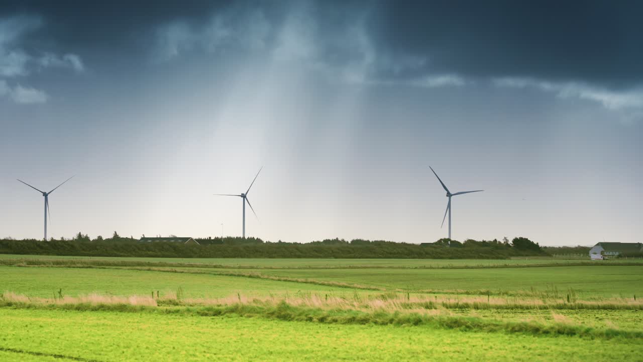 녹색 무성한 필드에 풍력 터빈
