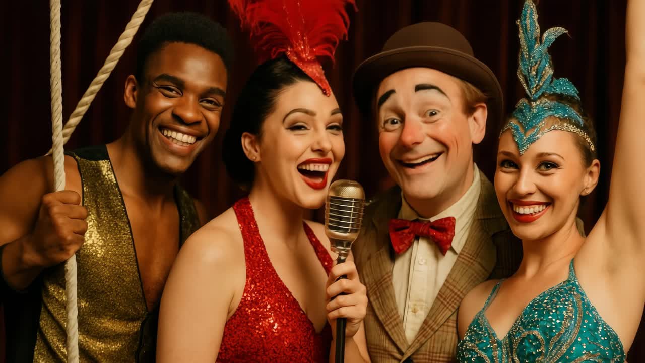 Um grupo animado de artistas em trajes vintage, sorrindo para a câmera.