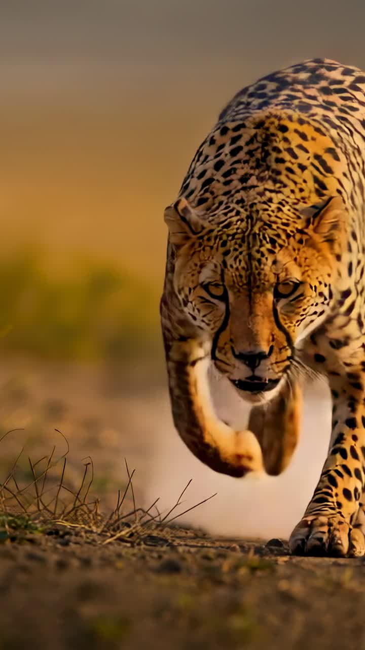 Vertical video: Approaching from distant movement, cheetah closing across dry plain, raising dust