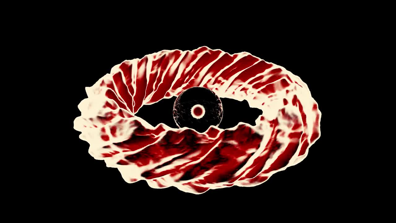 검은 바탕에 고립된 회전하는 3d 물 나선으로 둘러싸인 추상적인 어두운 코어, 중앙 지점을 중심으로 회전하는 액체 물질을 변형시키고 파동시키는 디자인.