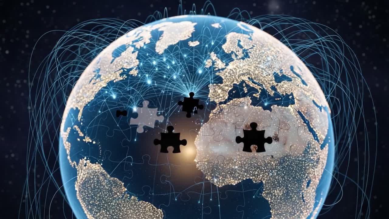 A Glimpse into Global Connectivity: An Artistic Representation of Earth with Puzzle Pieces Illustrating Connections and Integration Across Continents
