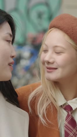 두 여인이 서로를 바라보고 있습니다.