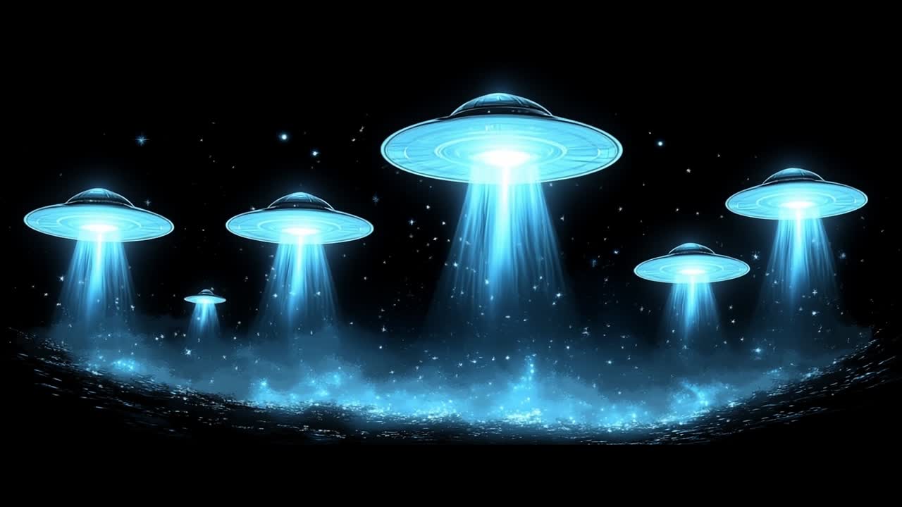 UFOs hover above a glowing landscape. Bright UFOs illuminate the night sky as they hover above a mysterious, glowing landscape filled with stars and mist.