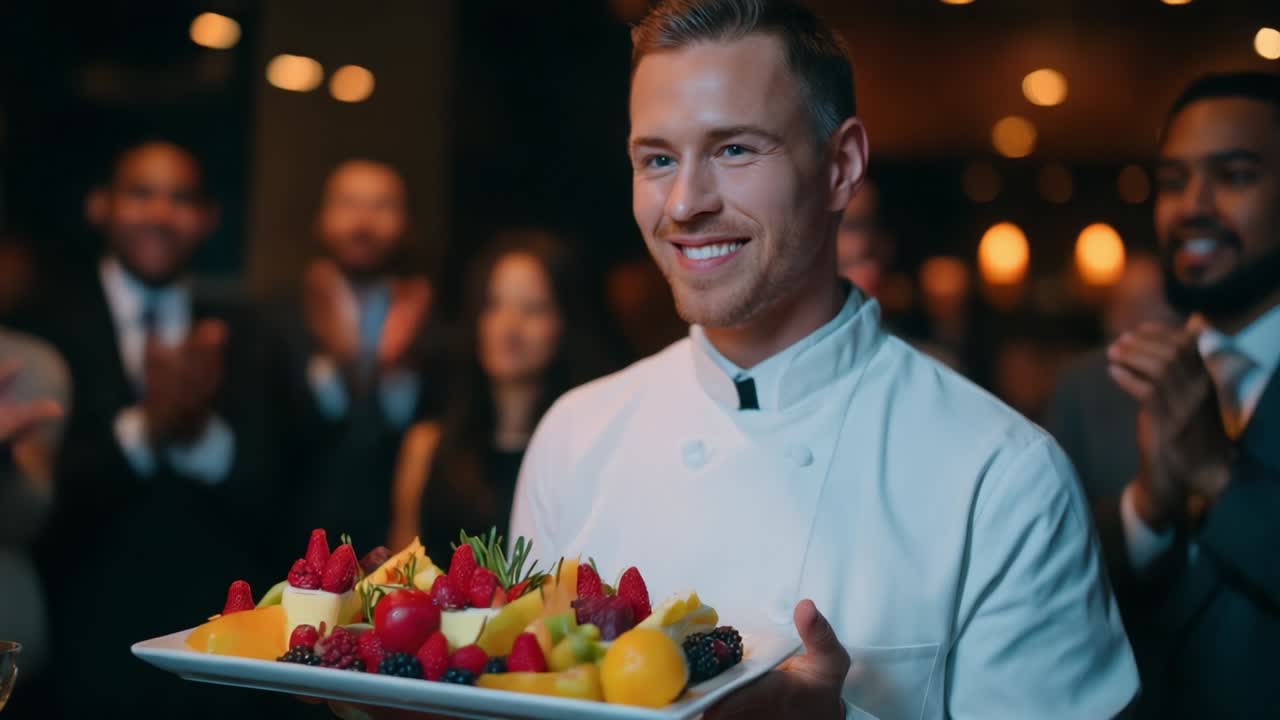 A proud chef stands confidently before an appreciative audience, holding a beautifully arranged platter of vibrant fruits, showcasing his culinary artistry and the joyous atmosphere of the celebration
