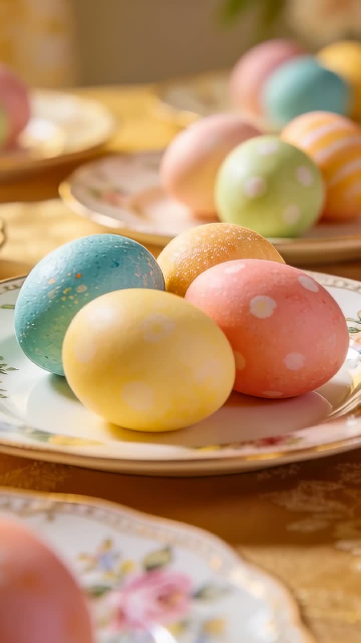 Vertical video: Shifting camera revealing three pastel eggs on gold plate on cloth, showing hues