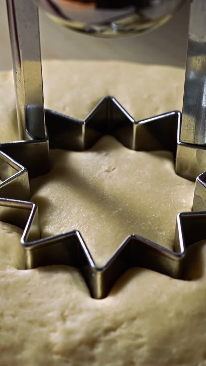 Vertical video: Descending steel star cutter with plunger cutting dough at counter, baking treats