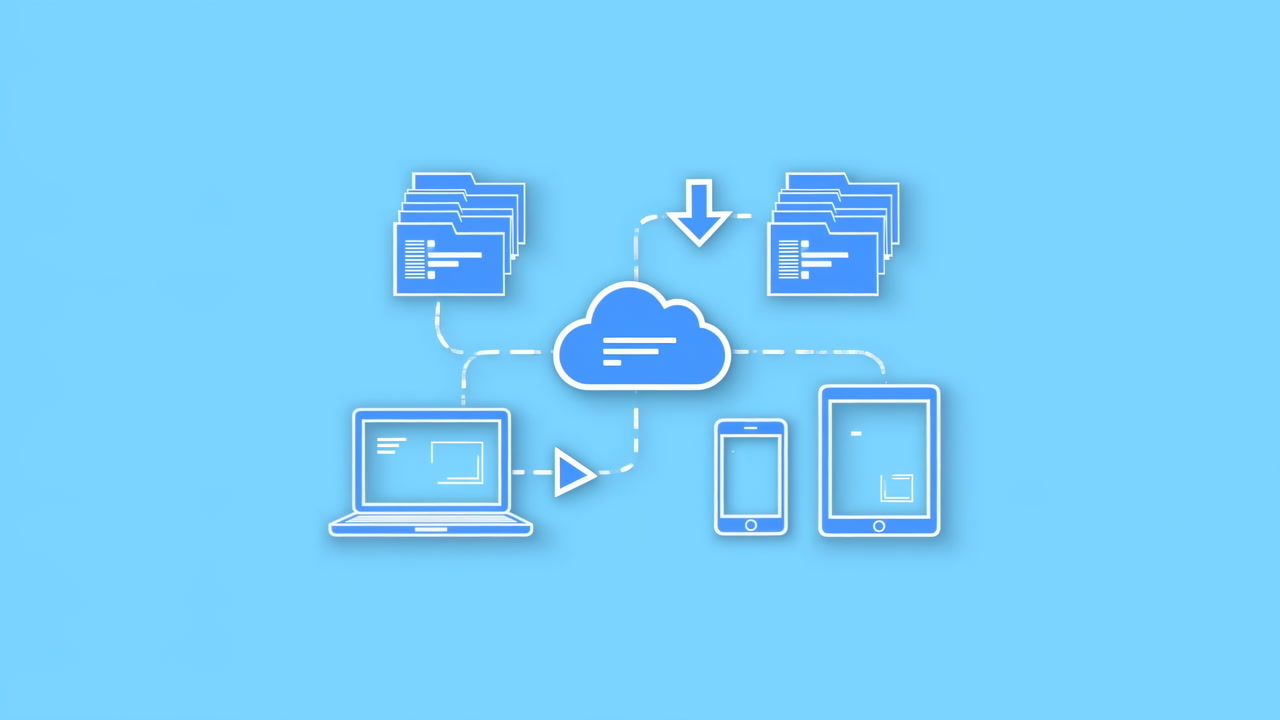 Cloud Sync Across Laptop Phone Tablet, Minimal Blue Interface Showing Folder Icons Moving Into Cloud