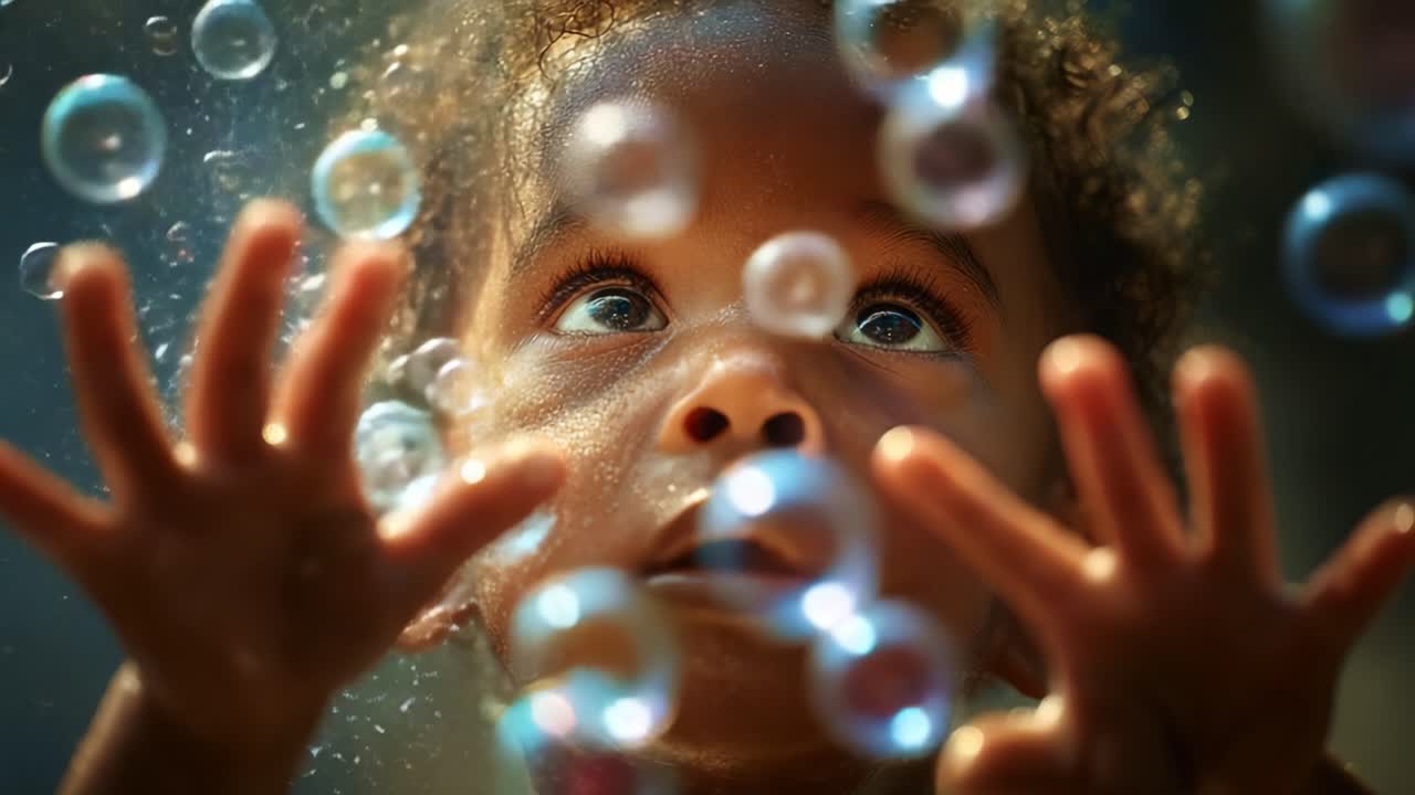 A Young Child Captivated by Floating Bubbles, Reaching Upwards with Curiosity and Wonder, Exploring the Joy and Magic of Playfulness in a Dreamlike, Colorful Atmosphere
