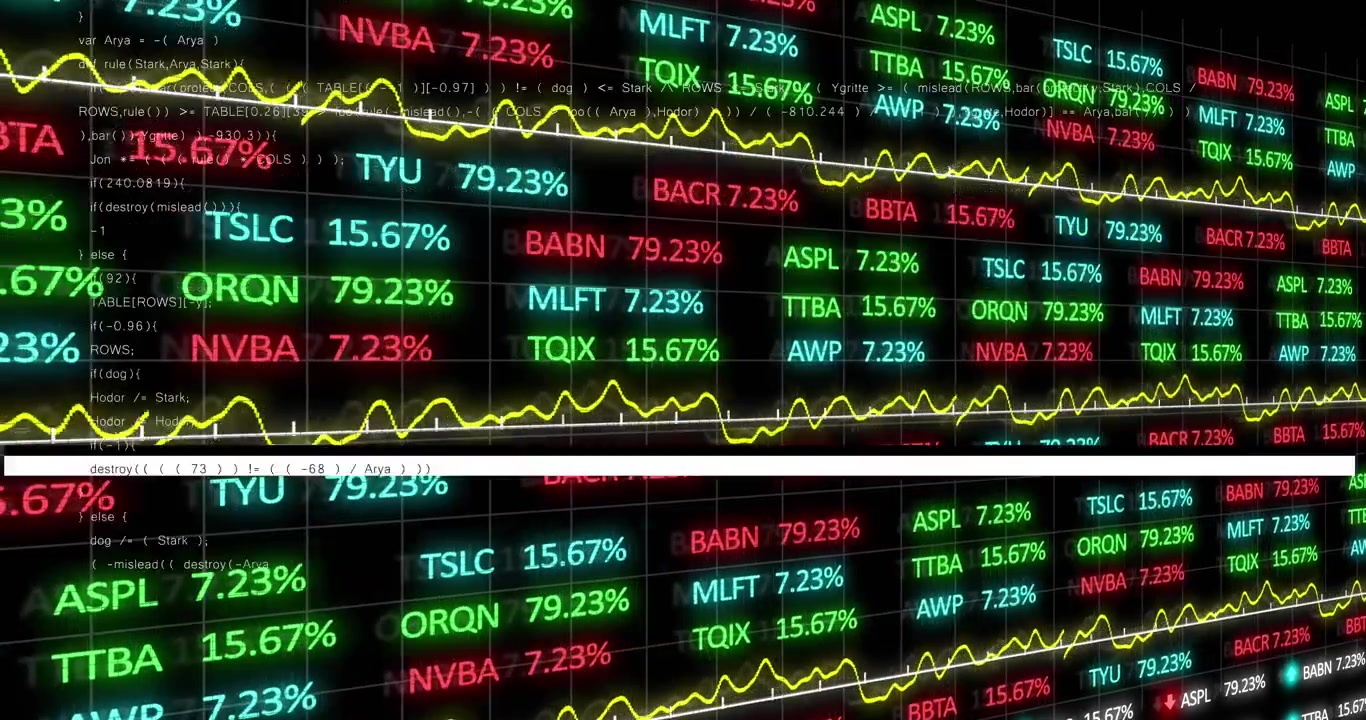 Animazione dell'elaborazione di dati finanziari su sfondo scuro