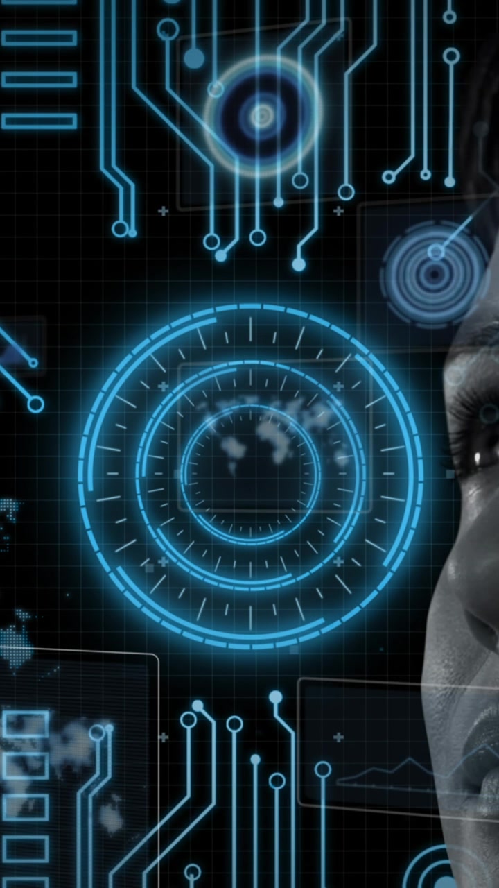 Animazione di interfaccia digitale con elaborazione dati sul volto di una donna