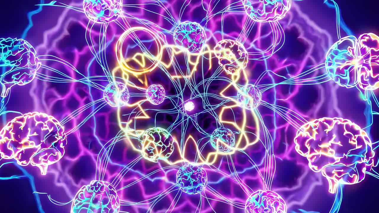 A vibrant, top-down video view of interconnected neon brains, showcasing a futuristic network