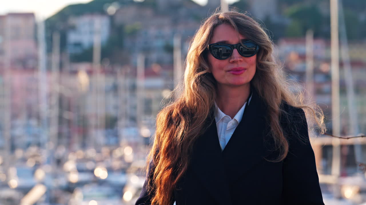 Woman wearing sunglasses smiling in front of boats docked in the Pierre Canto Port in Cannes, France
