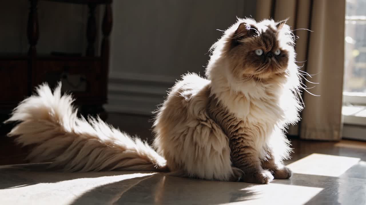 A fluffy cat sits in sunlight on a wooden floor, captured in a low-angle shot