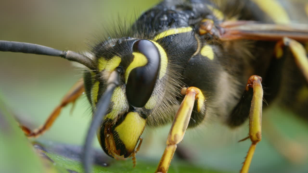 Wasp cleaning. Common European Yellowjacket, Vespula vulgaris, macro closeup. Grooming insect.