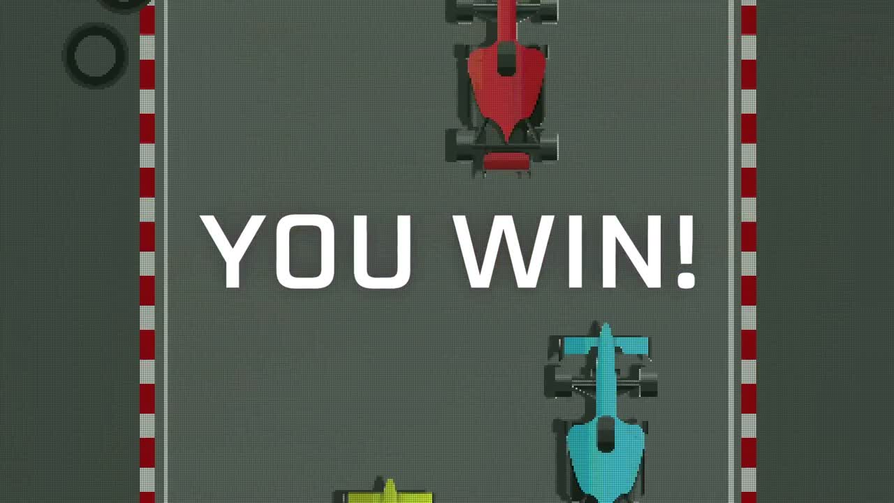 animación de usted ganar texto sobre la pantalla con el juego de carreras de coches en el fondo