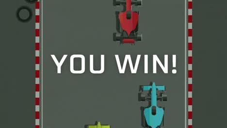 animación de usted ganar texto sobre la pantalla con el juego de carreras de coches en el fondo