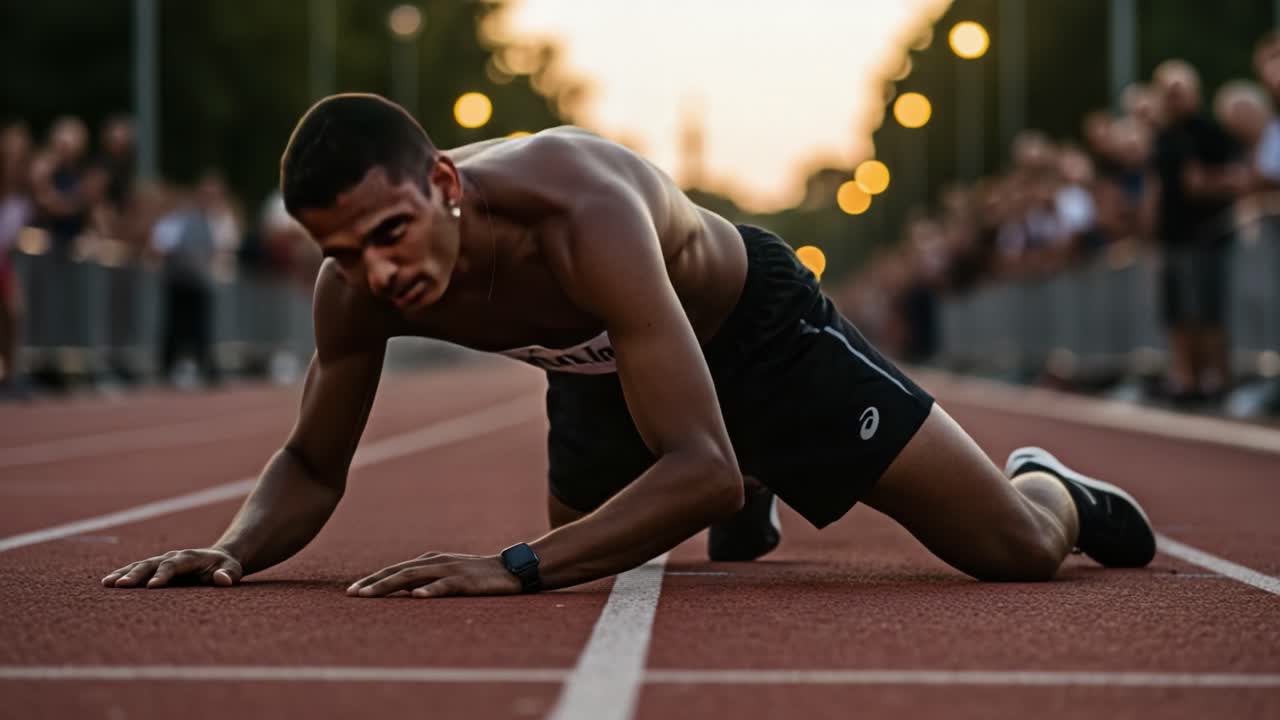 A Determined Sprinter Preparing for Action on the Track Surrounded by Cheers and Lights Reflecting the Intensity of Competition and Perseverance