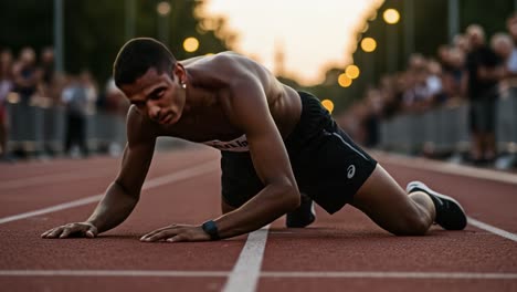 a determined sprinter preparing for action on the track surrounded by cheers and lights reflecting the intensity of competition and perseverance