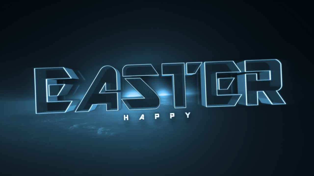 Vibrant 3d Happy Easter in blue neon light on dark background