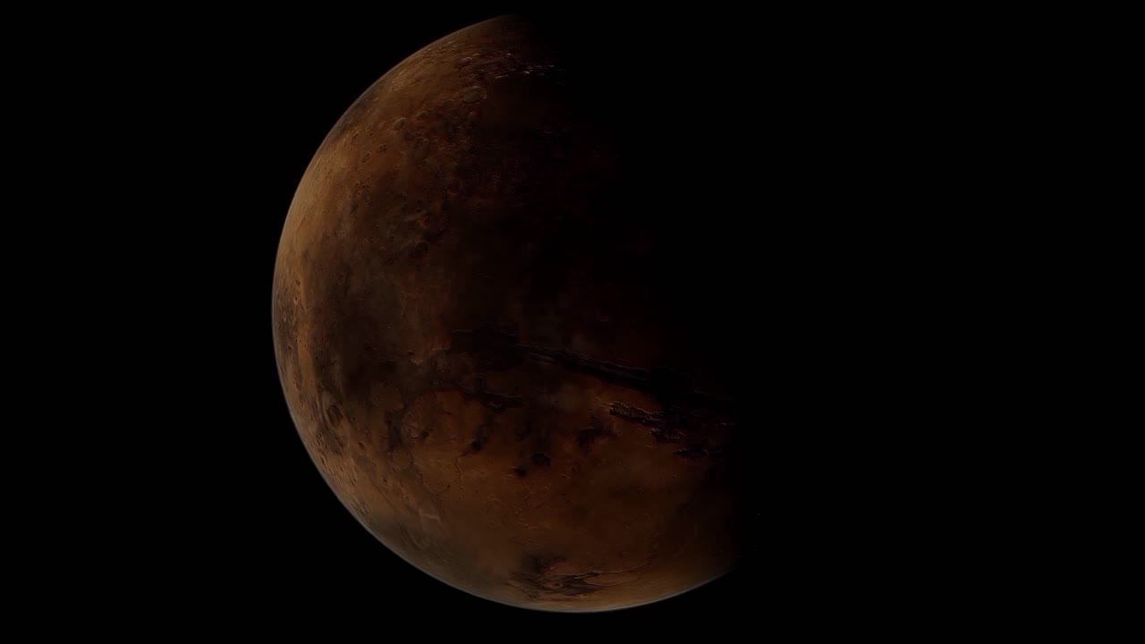 Slowly rotating Mars in the blackness of outer space