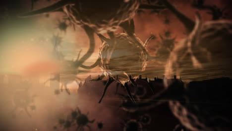 animación del virus de la corona con la ciudad en el fondo