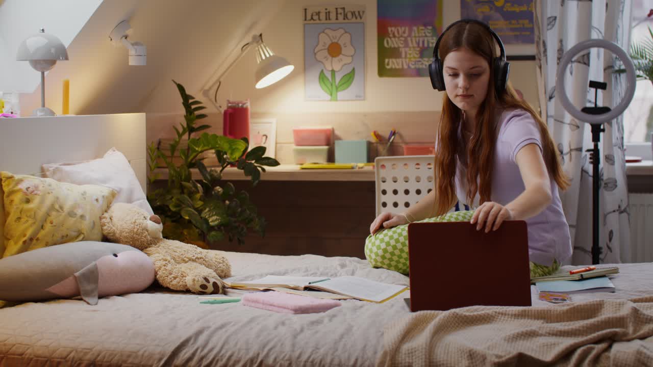 집에서 공부하는 십대 소녀