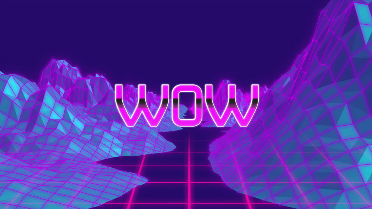 Wow text animation over neon grid landscape with mountains in background