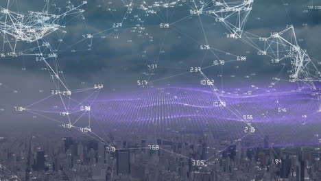 animation of network of connections and light spots over cityscape