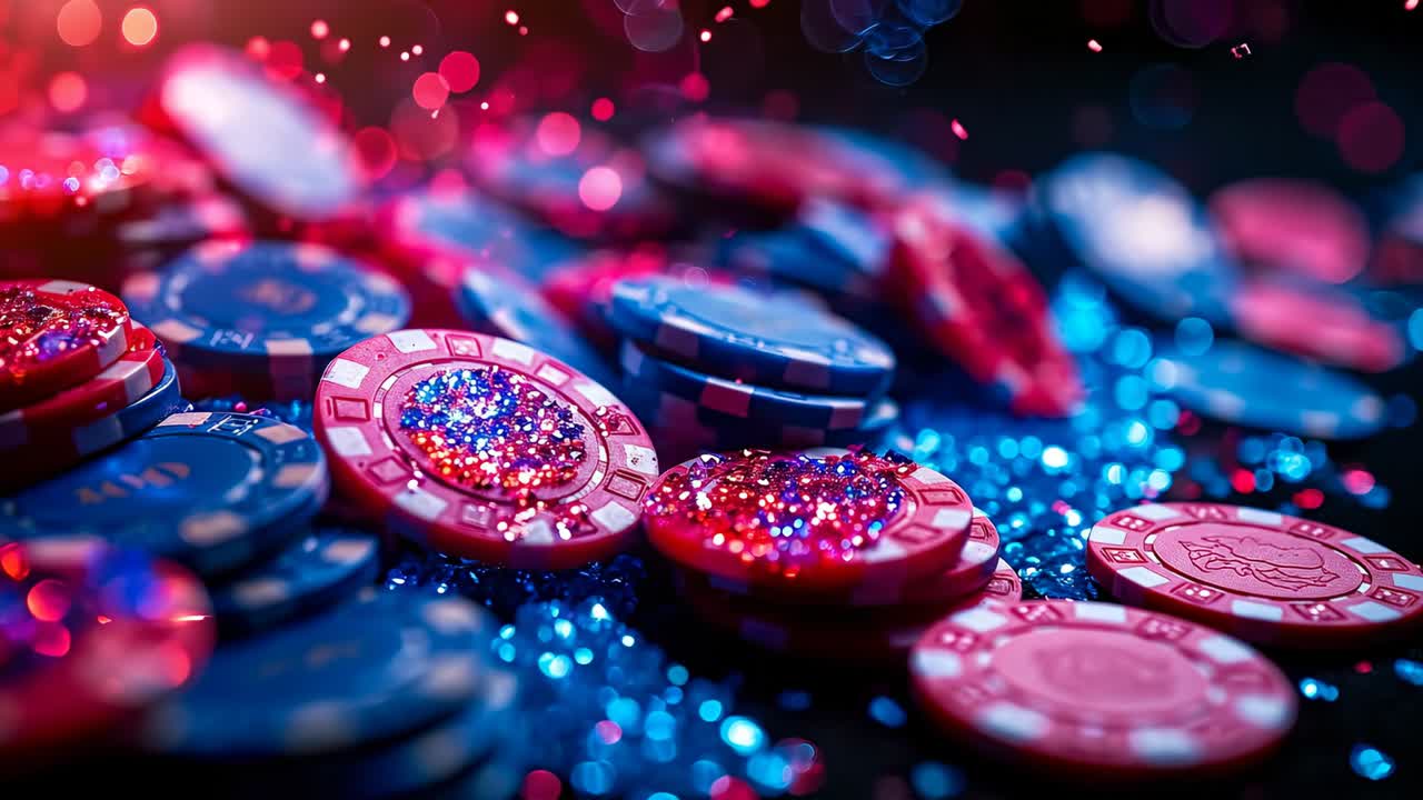 Fiches da casinò colorate su un tavolo scuro. Fiches da casinò rosse e blu sono sparse su un tavolo scuro.