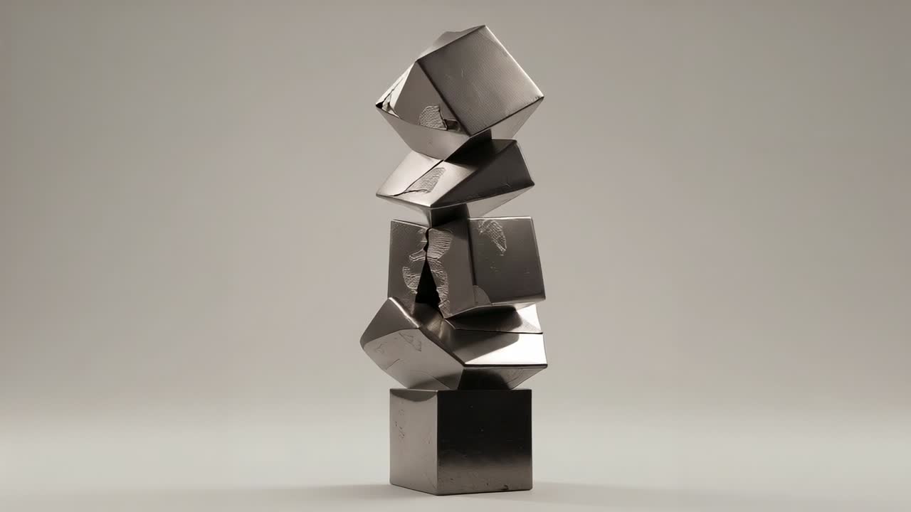 Magnetic forces creasing and twisting stack of four metal cubes on grey tabletop, forming sculpture