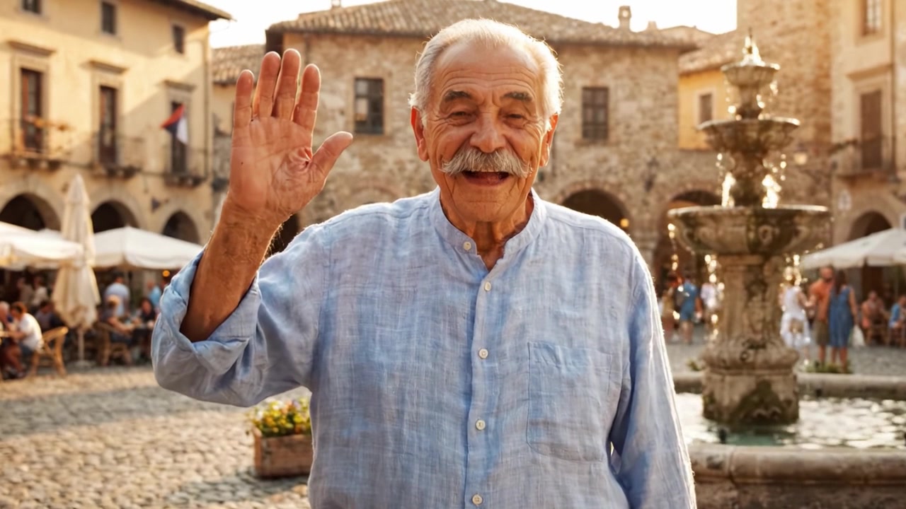 Un momento commovente catturato mentre un anziano sta in piedi accanto a una fontana, sorridendo calorosamente in una vivace piazza storica, circondato da un'affascinante architettura in pietra e da una vivace cultura dei caffè.