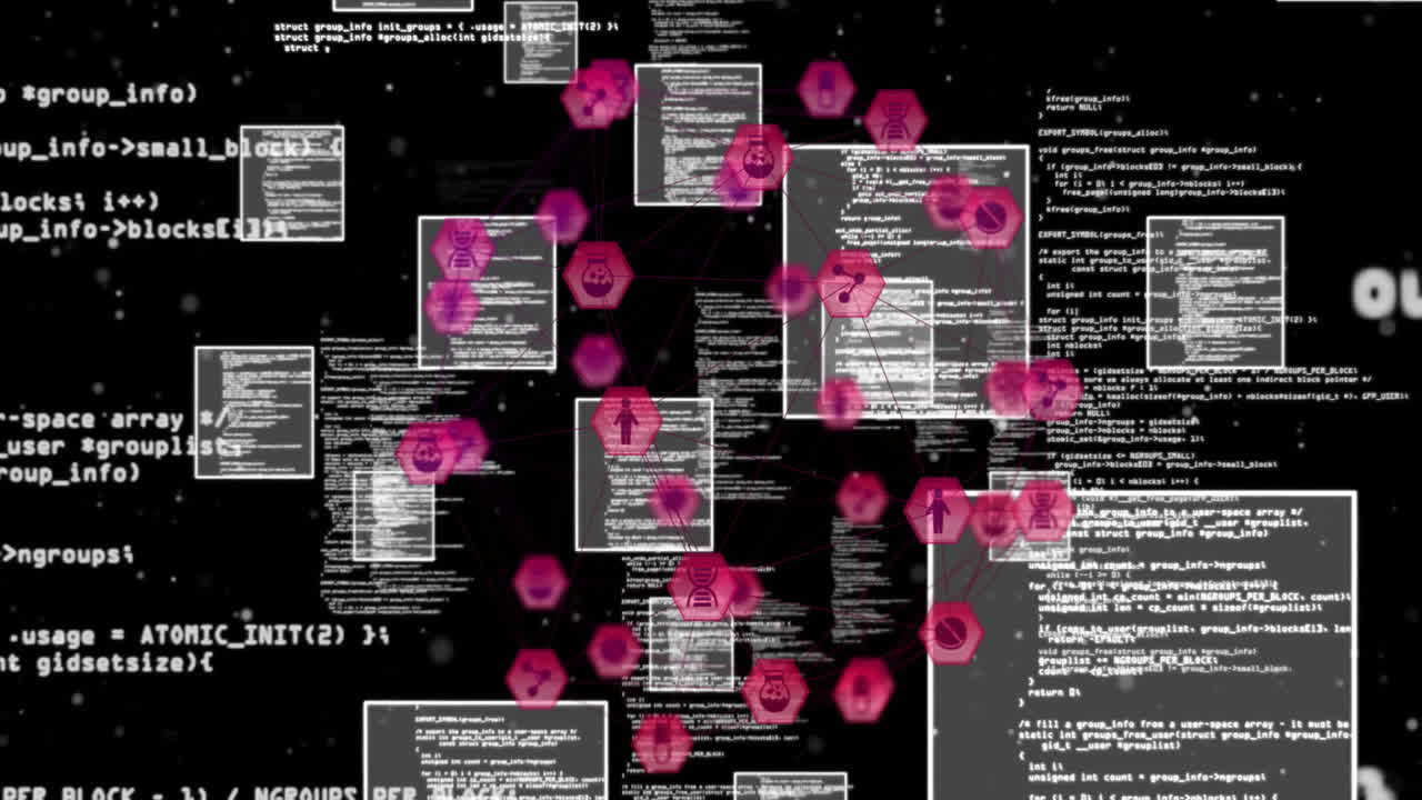 Animation of hexagonal shapes and code snippets floating in digital background