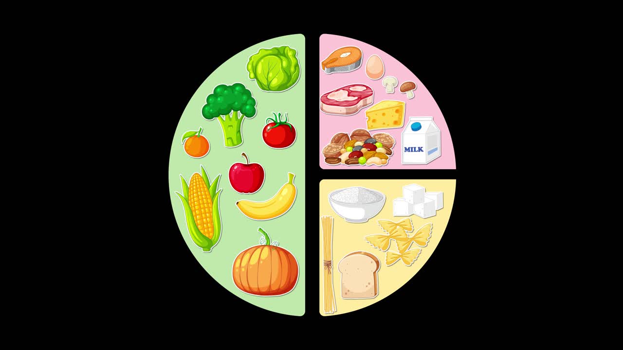 Colorful food group icons fill pie chart sections sequentially, illustrating balanced diet composition visually