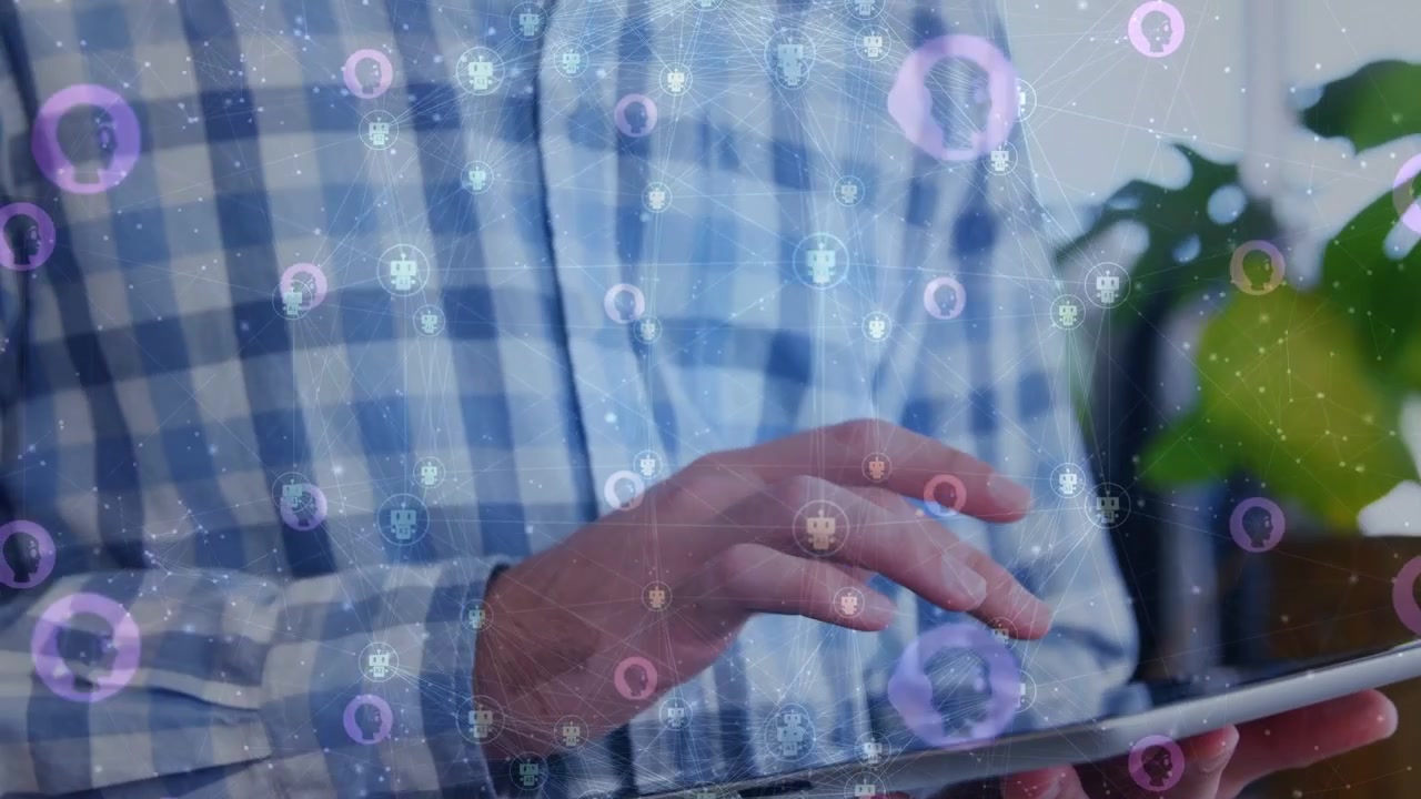 Uomo con tablet che tocca e scorre, avviando nodi animati mentre la telecamera si allontana per mostrare la tecnologia.