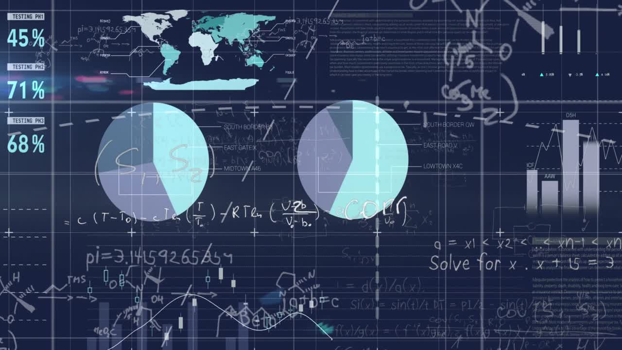 animación del procesamiento de datos estadísticos y ecuaciones matemáticas contra un fondo azul