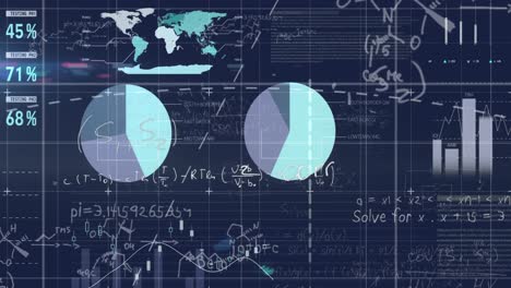 Animation-of-statistical-data-processing-and-mathematical-equations-against-blue-background