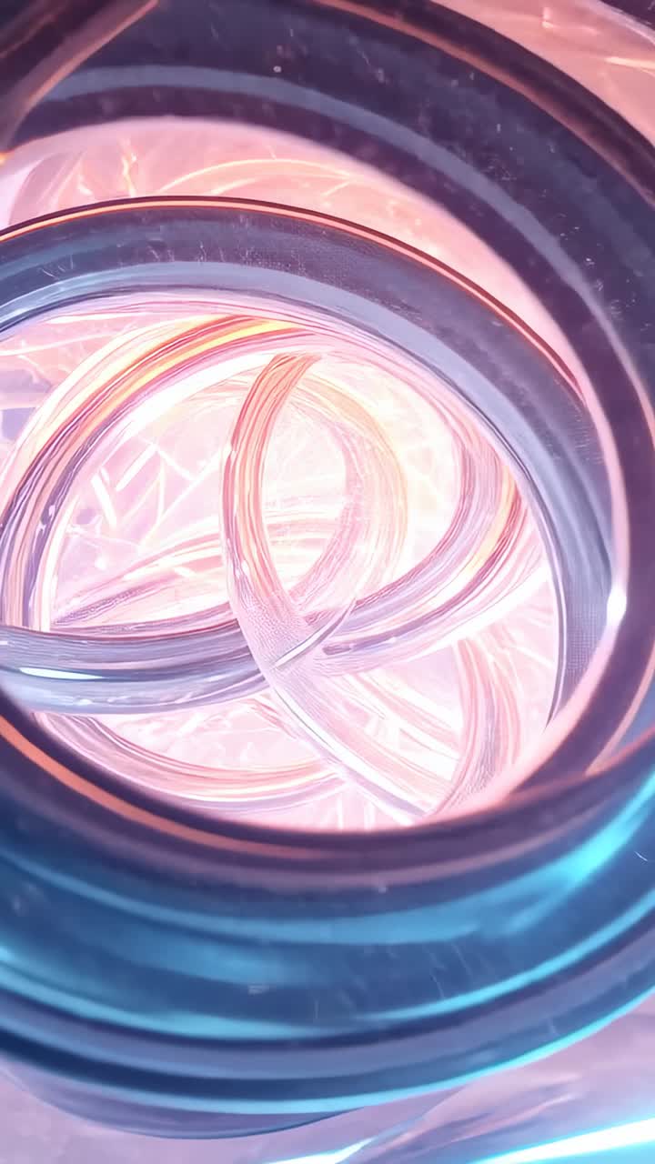 Vertical video: Starting camera gliding forward via glass rings in tunnel, showing lit core, flares