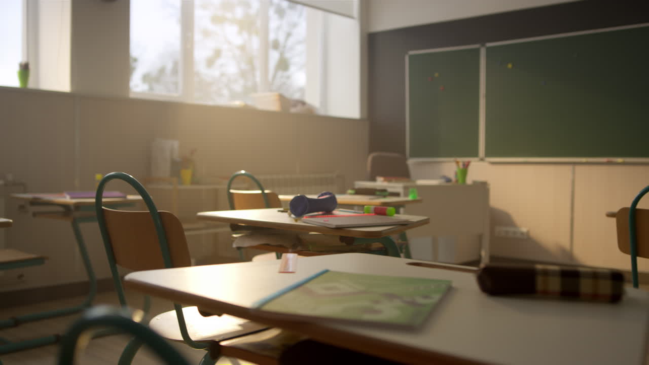School auditorium with desks and chairs. Interior of classroom in elementary