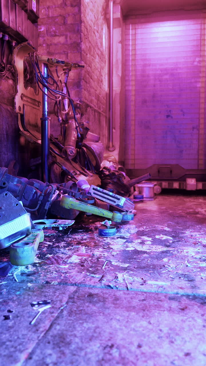 A dark alley in the city with pink neon lights and abandoned junk