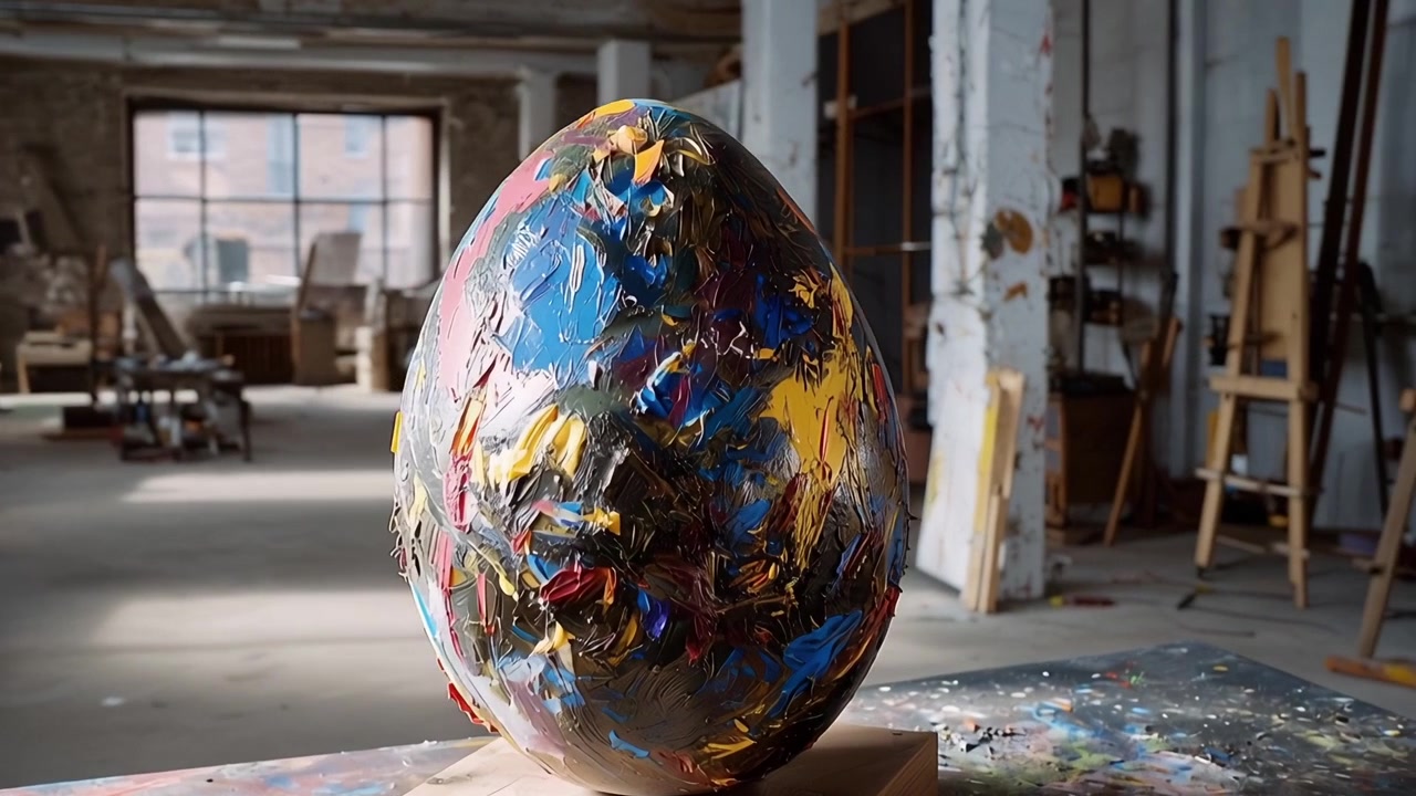 Levende tekstureret æggeskulptur i et kreativt kunststudie