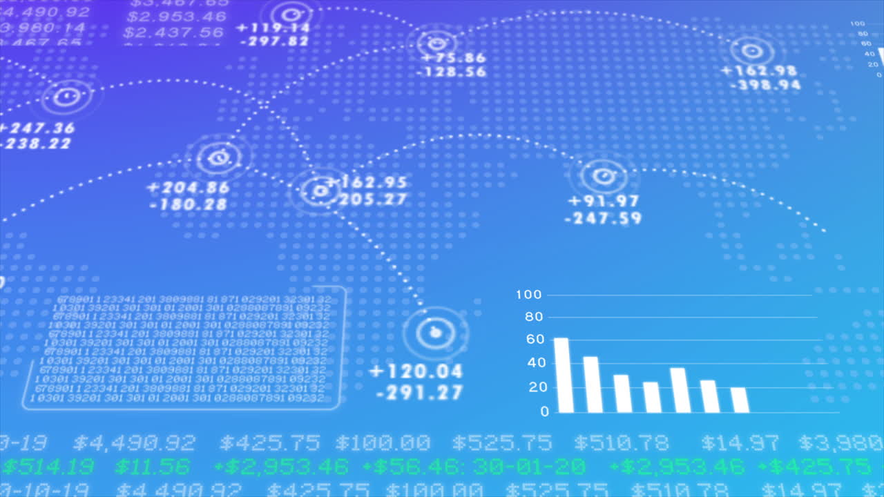 4K Global network connection and Financial data connections, business data visualization, financial charts, diagrams and stock numbers animation on blue background