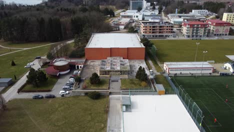 drone shot of the town sports hall and the surrounding area