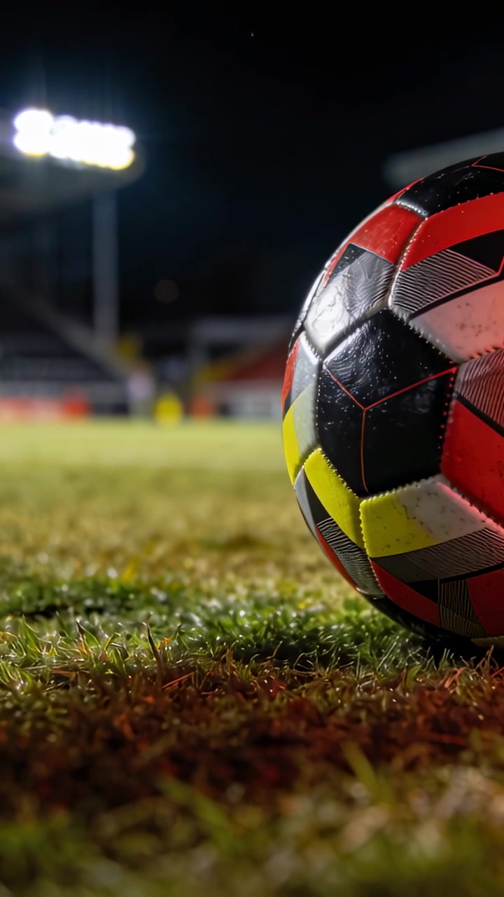 Video vertical: Alejando la cámara, revelando un balón de fútbol sobre césped bajo los focos, mostrando las gradas.