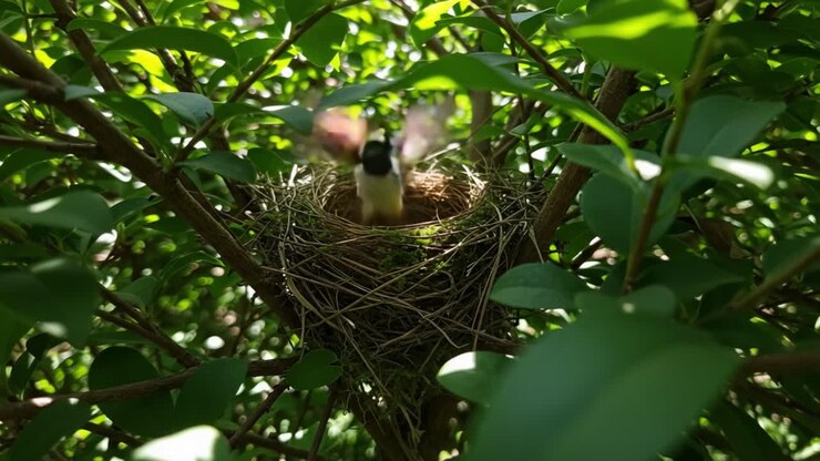 A Serene Nesting Scene: Discovering the Peaceful Habitat of a Bird Nest Amidst Lush Greenery and Vibrant Leaves in Nature's Embrace