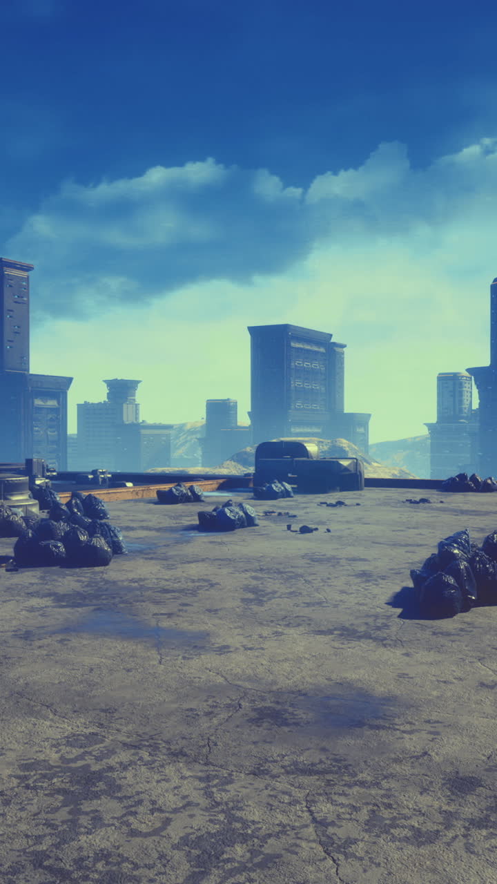 Urban rooftop view showcasing city skyline under a bright blue sky