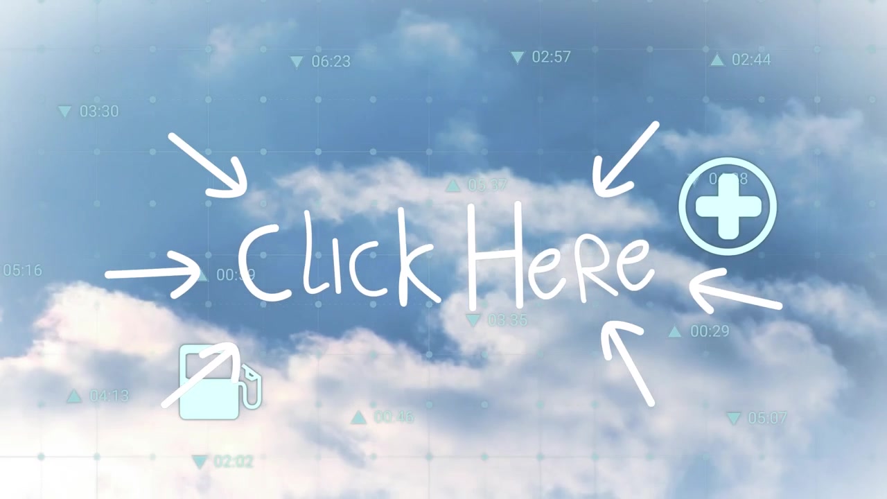 雲の上に表示される「ここをクリック」テキスト、デジタルアイコン、およびデータ処理のアニメーション