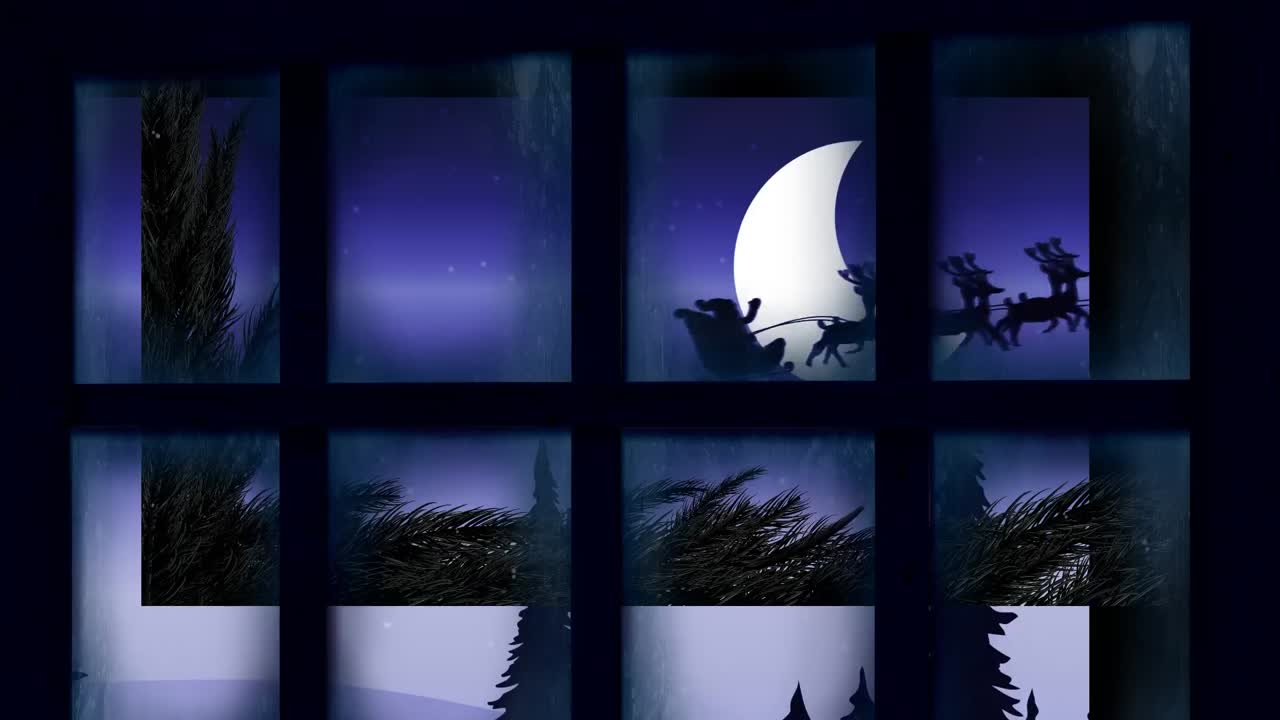 Animation of santa claus in sleigh with reindeer in christmas winter scenery seen through window