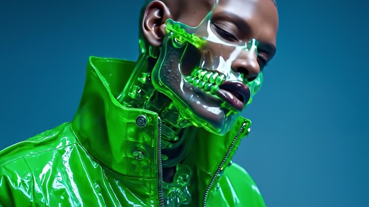 A man in a green latex jacket with a skeleton face painted on his face