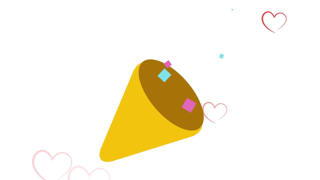 색 배경에 떨어지는 여러 개의 빨간 심장 아이콘 위에 파티 팝퍼 아이콘의 디지털 애니메이션